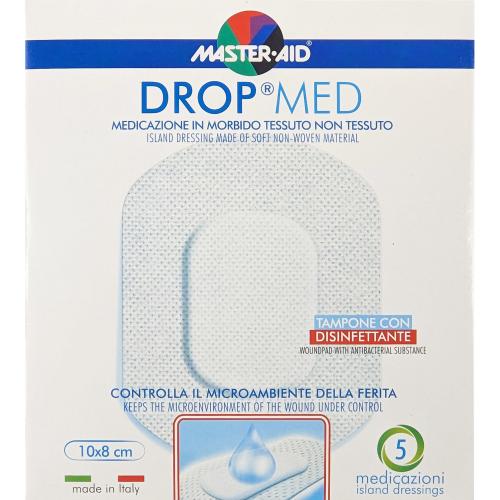 Master Aid Drop Med Woundpad with Antibacterial Substance 10x8cm Αυτοκόλλητες, Αντικολλητικές Γάζες Εμποτισμένες με Απολυμαντικό 5 Τεμάχια